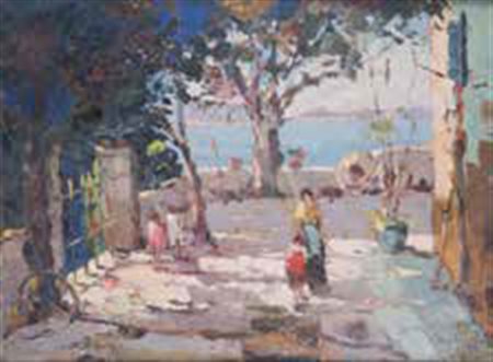 Rudolf Négely Sopron 1883 – 1950 CORTILE SUL MARE olio su tela, cm 60x80....