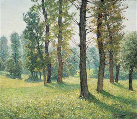 Gigi Comolli Milano 1893 – 1976 NEL BOSCO olio su tavola, cm 59,5x68. Firmato...