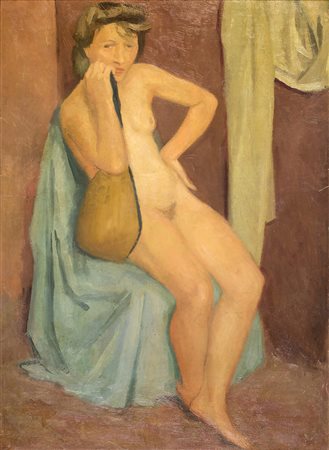 EMANUELE CAVALLI Nudo con mandolino, 1948 Olio su tela, 80 x 58,5 cm...
