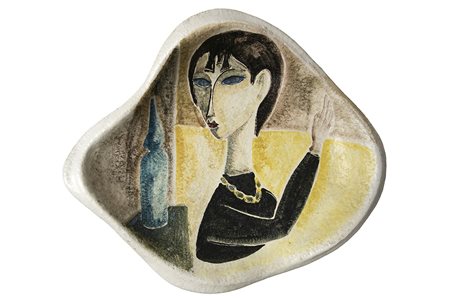MARCELLO FANTONI Piatto con figura di donna e bottiglia, Anni ‘50 Ceramica...