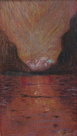 ALEARDO TERZI Paesaggio al tramonto, 1905 circa Pastelli su tela applicata su...