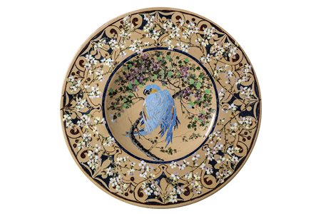 PAPPALARDO - ROMA Piatto con pappagallo e motivi floreali, 1930 Ceramica...