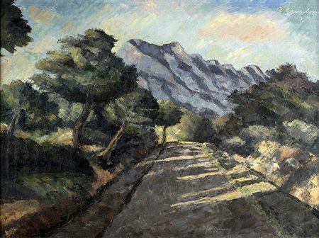 CESARINA GUALINO Paesaggio con strada, 1954 Olio su tavoletta, 44 x 50 cm...