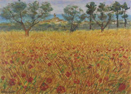 Michele Cascella, Campo di Grano con Papaveri, (fine anni '70), olio su tela,...