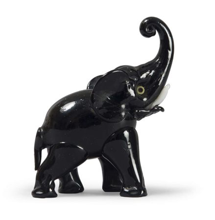 FIGURA DI ELEFANTE IN PASTA DI VETRO, ANNI '30 a fondo nero. Misure cm. 10,5...