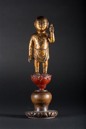Arte Cinese Statua in bronzo laccato raffigurante Buddha bambino Cina,...