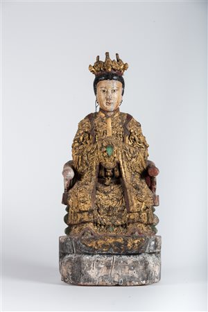 Arte Cinese Statua in legno policromo e dorato raffigurante l'imperatrice...
