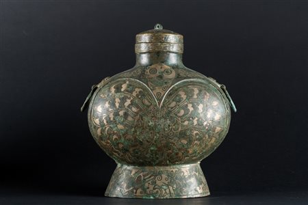 Arte Cinese Fiasca in bronzo con intarsi in argento in stile Han Cina,...