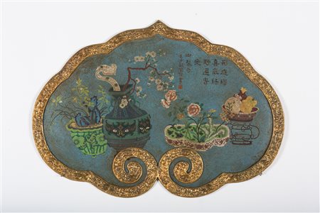 Arte Cinese Rara placca decorativa imperiale a forma di testa Ruyi in bronzo...