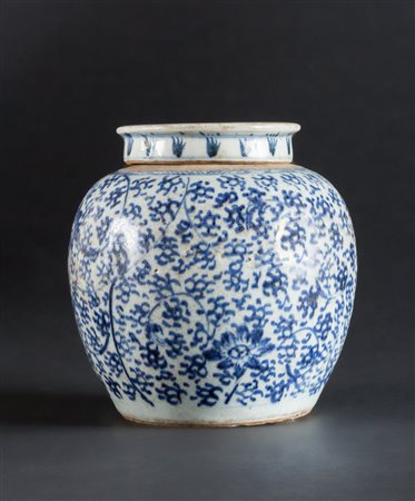 Arte Cinese Vaso con coperchio in porcellana bianco blu dipinto a motivo...