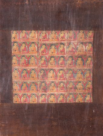 Arte Himalayana Tre frammenti di thangka raffiguranti cinquantaquattro Buddha...