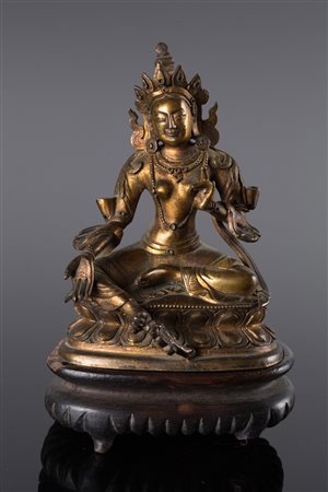 Arte Himalayana Scultura in bronzo raffigurante Tara Verde Cina, dinastia...