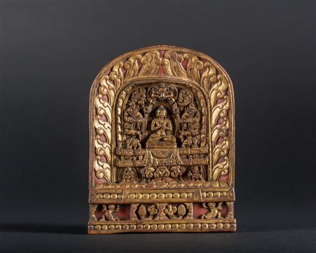Arte Himalayana Prabha in legno laccato e dorato raffigurante Vairocana...