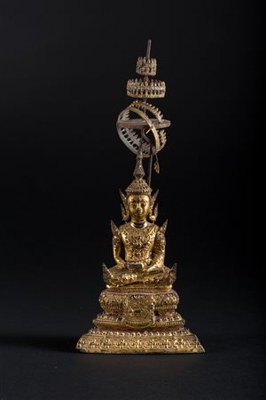 Arte Sud-Est Asiatico Scultura in bronzo laccato dorato raffigurante Buddha...