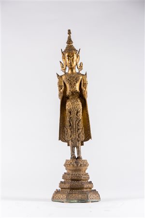 Arte Sud-Est Asiatico Statua in bronzo laccato e dorato raffigurante Buddha...
