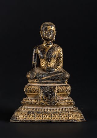 Arte Sud-Est Asiatico Buddha thailandese in bronzo laccato in stile...