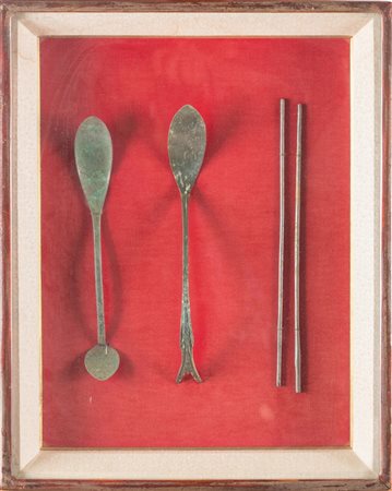 Arte Sud-Est Asiatico Coppia di cucchiai e bacchette in bronzo Corea,...