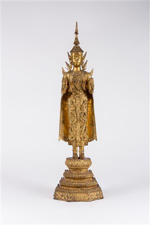 Arte Sud-Est Asiatico Scultura in bronzo laccato e dorato raffigurante Buddha...