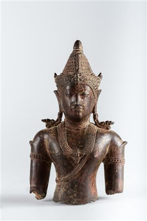 Arte Sud-Est Asiatico Busto in bronzo con tracce di doratura raffigurante...