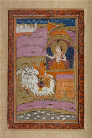 Arte Indiana Miniatura raffigurante Surya Kashmir, metà XIX secolo . -. Cm...