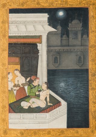 Arte Indiana Grande dipinto raffigurante una scena amorosa India, fine XIX...