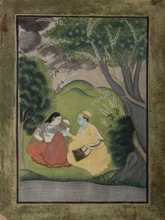 Arte Indiana Miniatura raffigurante Krishna e Radha nel bosco India, Pahari,...