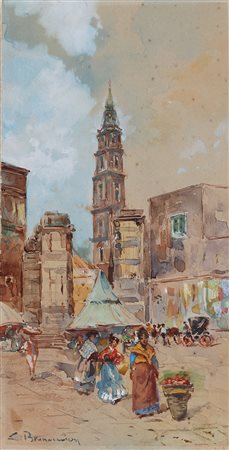 BRANCACCIO CARLO (1861 - 1920) Piazza di Napoli. Acquerello . Cm 16,00 x...