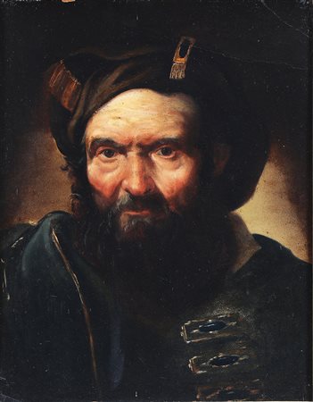 ARTISTA DEL XIX SECOLO Ritratto di uomo con barba e cappello. Olio su carta...