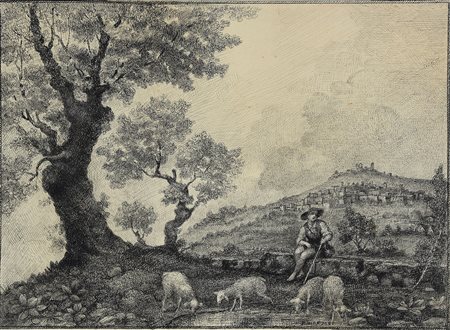 JOLI FAUSTINO (1814 - 1876) Paesaggio con pecore e pastore. . 1845. China su...