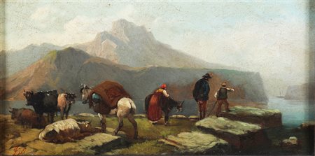 JOLI FAUSTINO (1814 - 1876) Paesaggio con personaggi. . Olio su tavola. Cm...