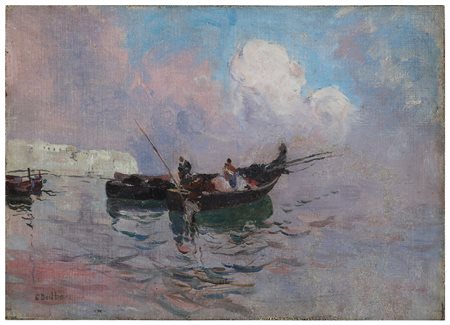 DALBONO EDUARDO (1841 - 1915) Marina con barca. Olio su tela applicato su...
