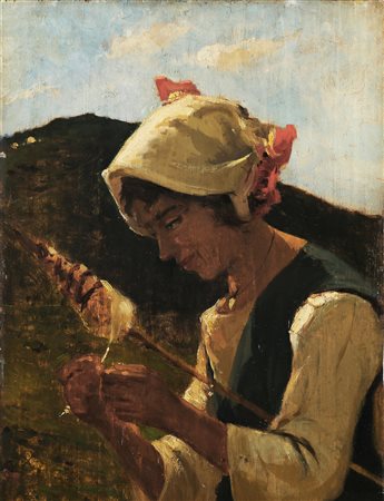 DELLEANI LORENZO (1840 - 1908) La filatrice. 1889. Olio su tavola. Cm 35,00 x...