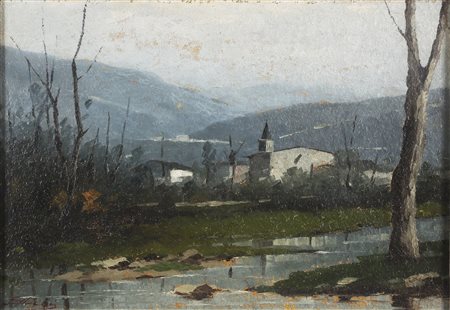 DE LAI GINO (1891 - 1960) Paesaggio con chiesa. Olio su cartone pressato. Cm...