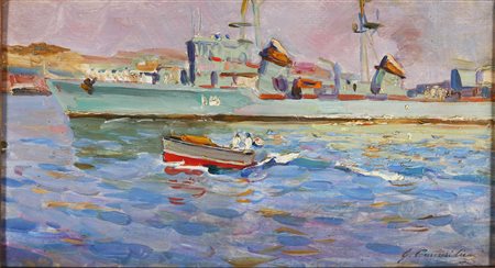 PENNASILICO GIUSEPPE (1861 - 1940) Porto con barca. . Olio su tavola. Cm...