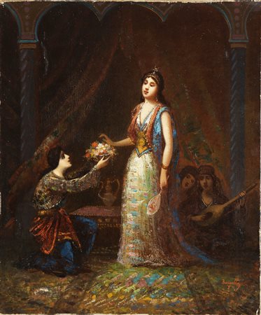 BORGELLA FREDERIC (1833 - 1901) Scena d'interno. Olio su tela. Cm 46,00 x...