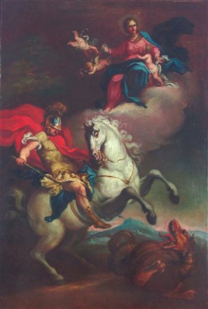 PITTORE ANONIMO DEL XVIII SECOLO "San Giorgio e il drago" 67x45 olio su tela