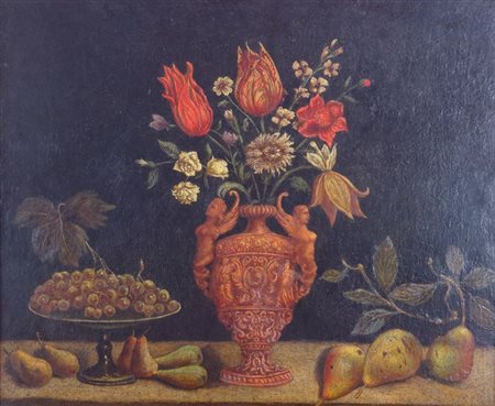 PITTORE DEL XVII SECOLO "Natura morta con vaso di fiori e frutta" 71x85,5...