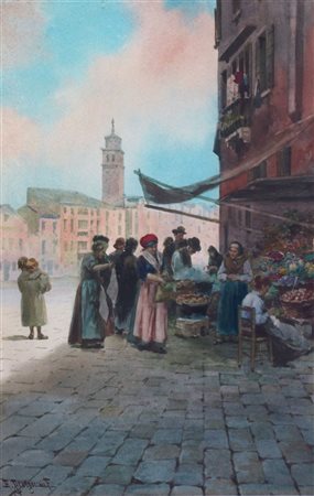 PROSDOCIMI ALBERTO Venezia 1852 - 1925 "Mercato a Venezia" 41x26 acquerello...