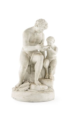 SCULTORE ANONIMO DEL XIX SECOLO "Il dio Pan e un piccolo fauno" H. cm 33...