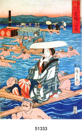 HIROSHIGE ANDO 1797-1858 "Processione nel fiume" 36x24,5 stampa su legno Già...