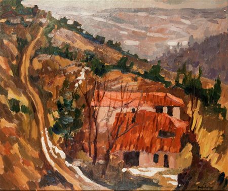 GALLO BEPPE Castagnole Lanze (AT) 1942 "Sulla Strada di S. Bovo" 50x60 olio...