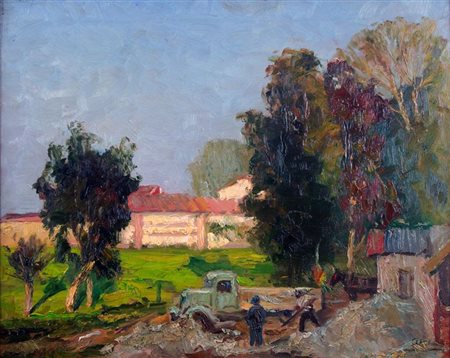 MENNYEY FRANCESCO Torino 1889 - 1950 "Lavori in cascina" 38x47 olio su...