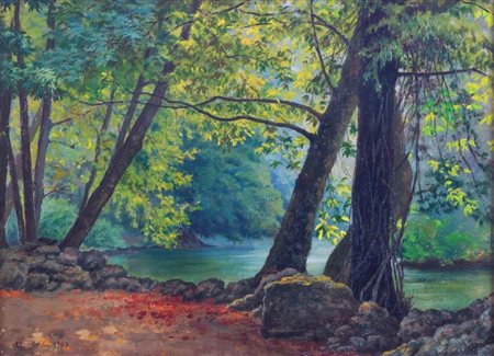 MERLO CAMILLO Torino 1856 - 1931 "Ruscello nel bosco" ottobre 1903 24,5x33,5...