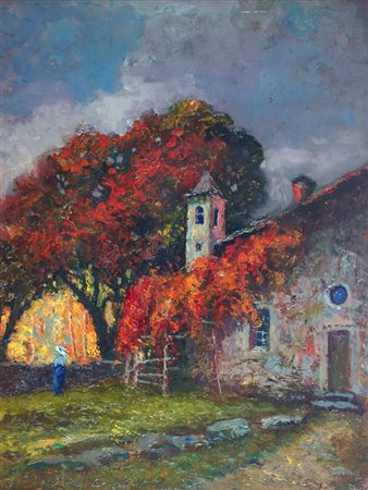 GHIVARELLO BENEDETTO Torino 1882 - 1955 "Autunno presso la pieve" 33x24,5...