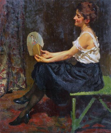 BORGONI MARIO Pesaro 1869 - 1936 Napoli "Donna con ventaglio" 78x63 olio su...