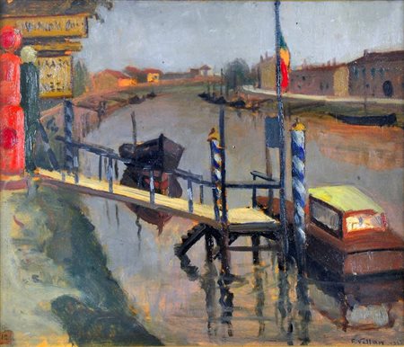 VELLAN FELICE Torino 1889 - 1976 "A Mestre (Venezia)" 1930 38x45 olio su...