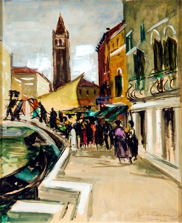 VELLAN FELICE Torino 1889 - 1976 "Venezia" 1966 50x40 tempera su cartone...