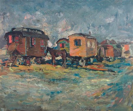 CORBELLI EDGARDO Torino 1918 - 1989 "Carrozzoni a Trana" 50x60 olio su tavola