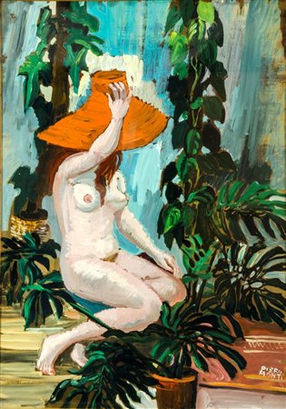 MONTI PIERO Torino 1910 - 1994 "Nudo femminile tra il fogliame" 72x50 olio su...