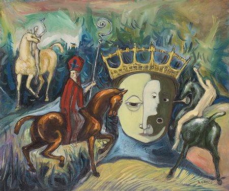 ALDO GRECO (1923) Cavalieri e Regina, 1972 Olio e tecnica mista su compensato...